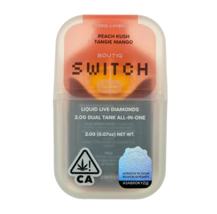 Boutique Switch Glow 2g Dual Tank Disposable | Peach Kush x Tangie Mango | Liquid Live Diamonds | Glow-in-the-Dark Vape By Boutiq